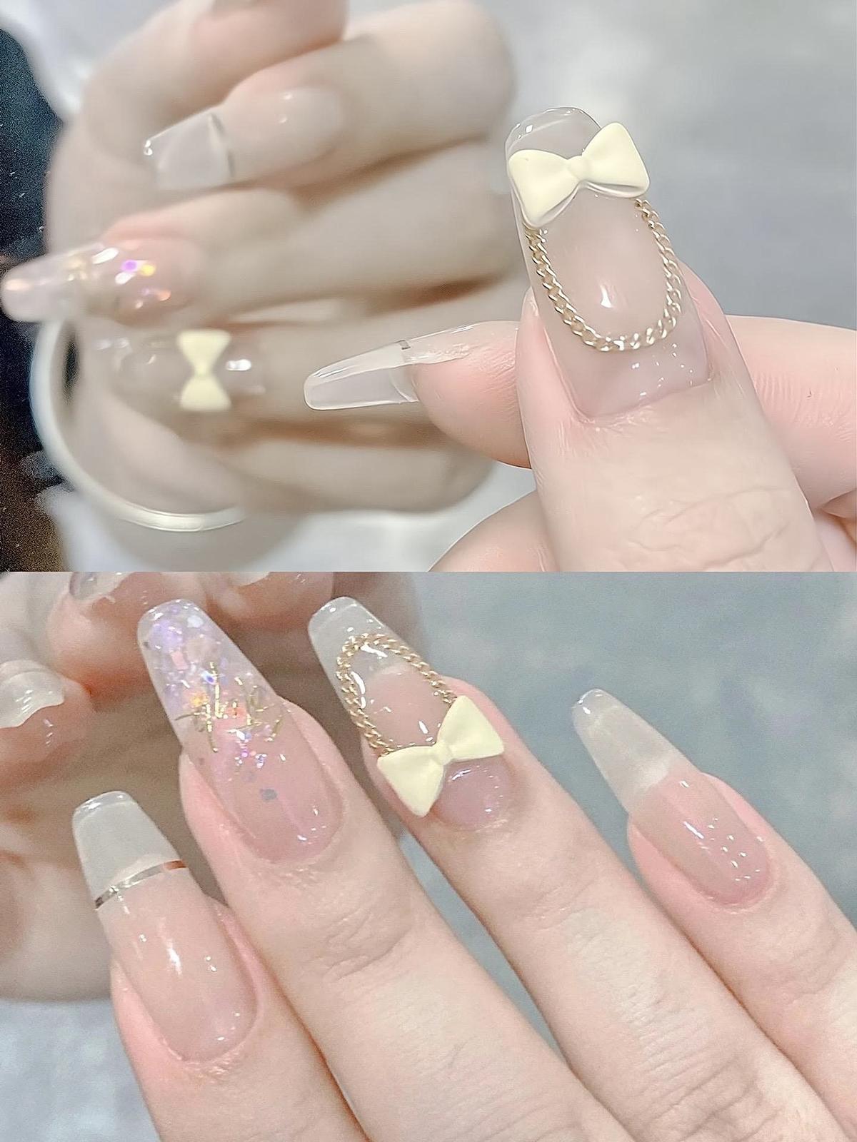 mẫu nail sơn thạch đính nơ thu hút