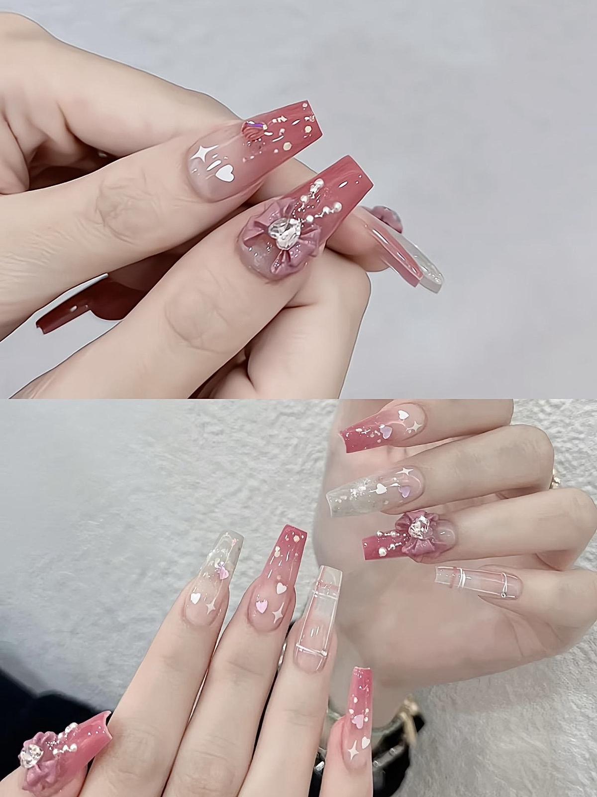 mẫu nail đính nơ đơn giản lãng mạn