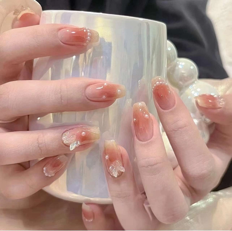 mẫu nail màu hồng cam pastel cute