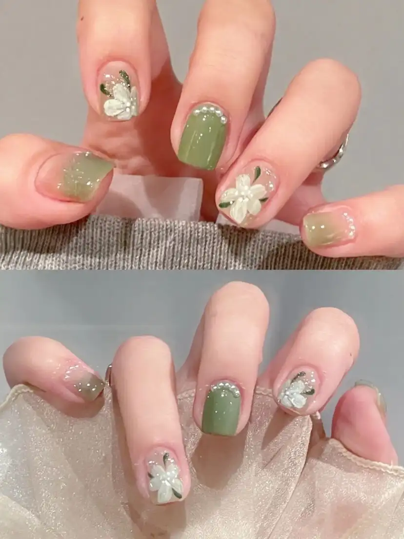 mẫu nail màu xanh lá cây trắng sáng