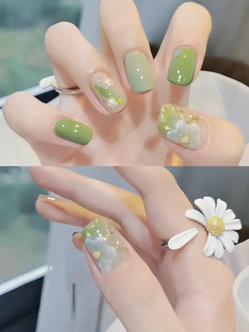 mẫu nail tay đẹp với màu xanh rêu dịu nhẹ