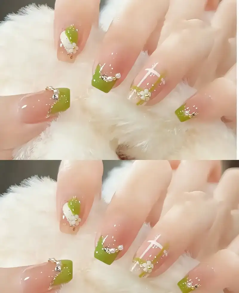 mẫu nail tay đẹp với màu xanh rêu tinh tế