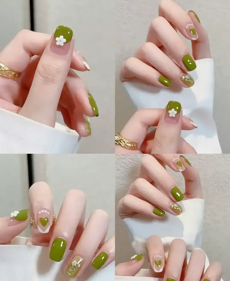 mẫu nail tay đẹp với màu xanh rêu sang trọng