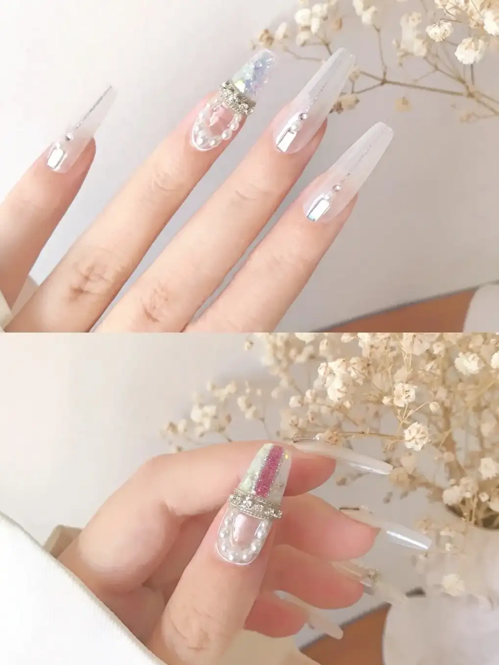 mẫu nail đính ngọc trai phong cách