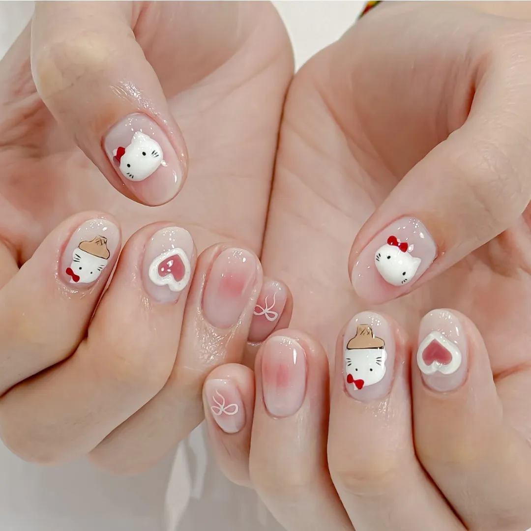 Mẫu móng tay ngắn tạo hình hello kitty