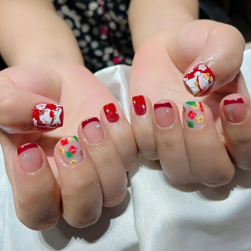 mẫu nail mèo thần tài đậm chất Tết