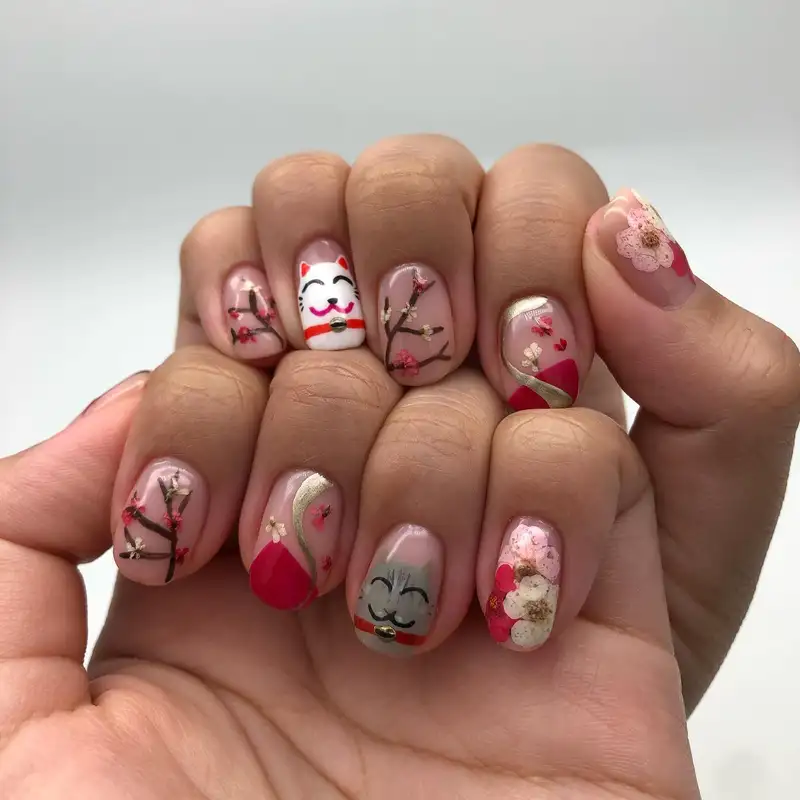 mẫu nail mèo thần tài thịnh vượng