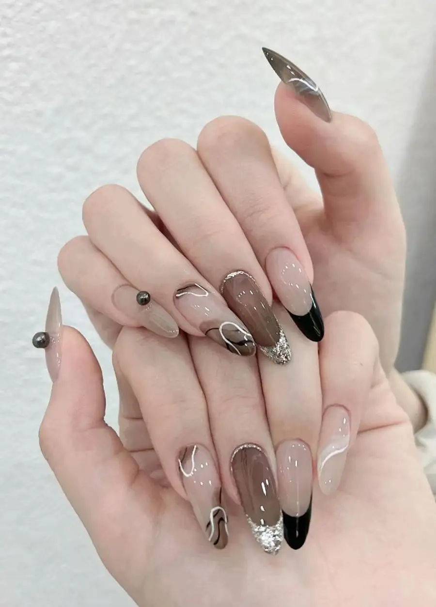 mẫu nail đắp hoa bột đẹp trầm ấm