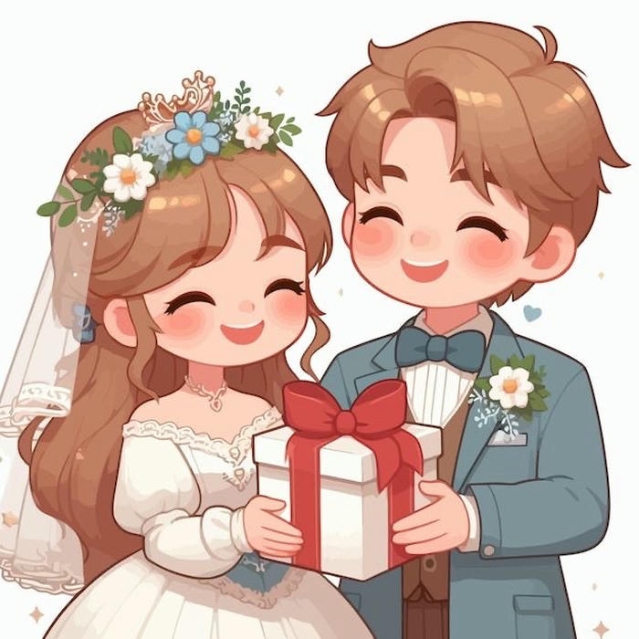 Hình ảnh chibi cưới cùng hộp quà tinh tế