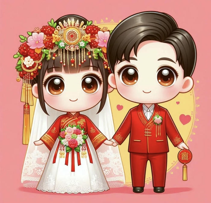 Hình chibi cưới mềm mại nền hồng