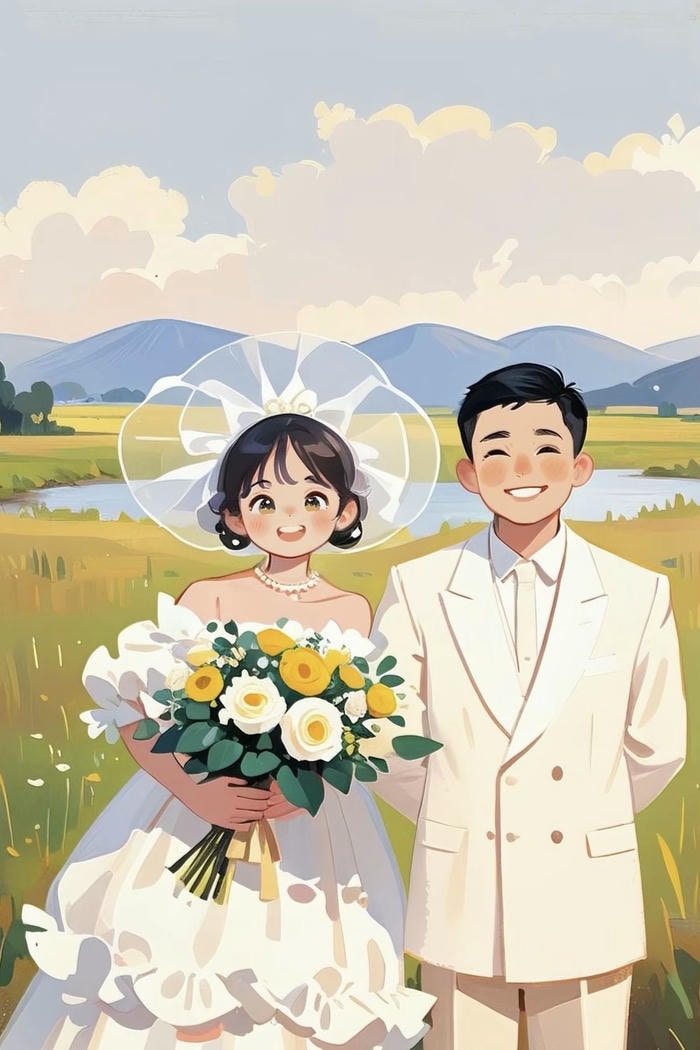 ảnh chibi cô dâu chú rể ngoại cảnh