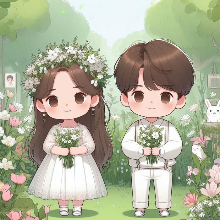 ảnh cô dâu chú rể chibi trong vườn