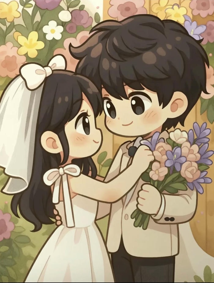 chibi cô dâu chú rể có nhiều hoa