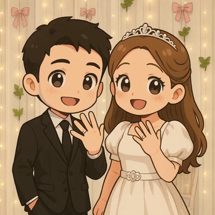 chibi cô dâu chú rể khoe nhẫn ở lễ cưới