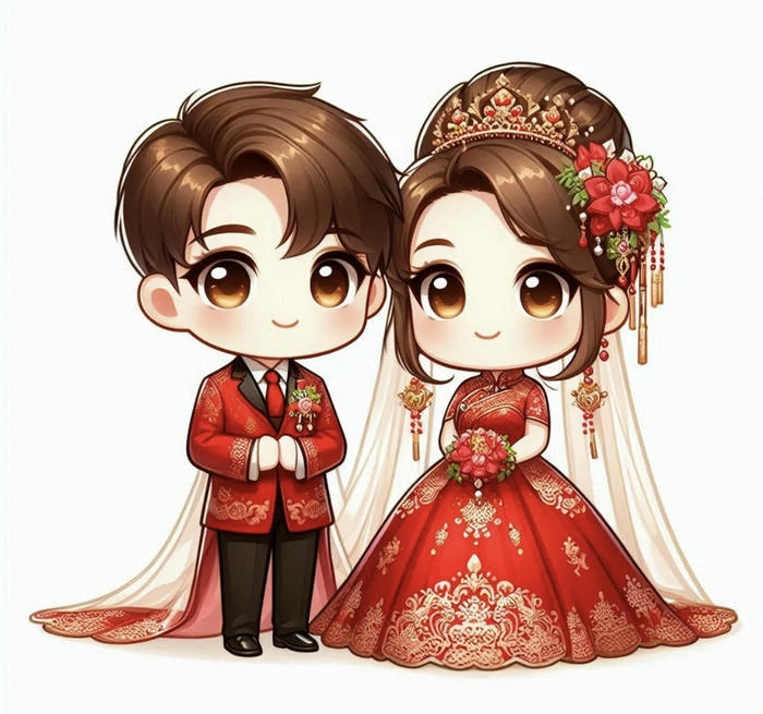 chibi cô dâu chú rể trong trang phục đỏ