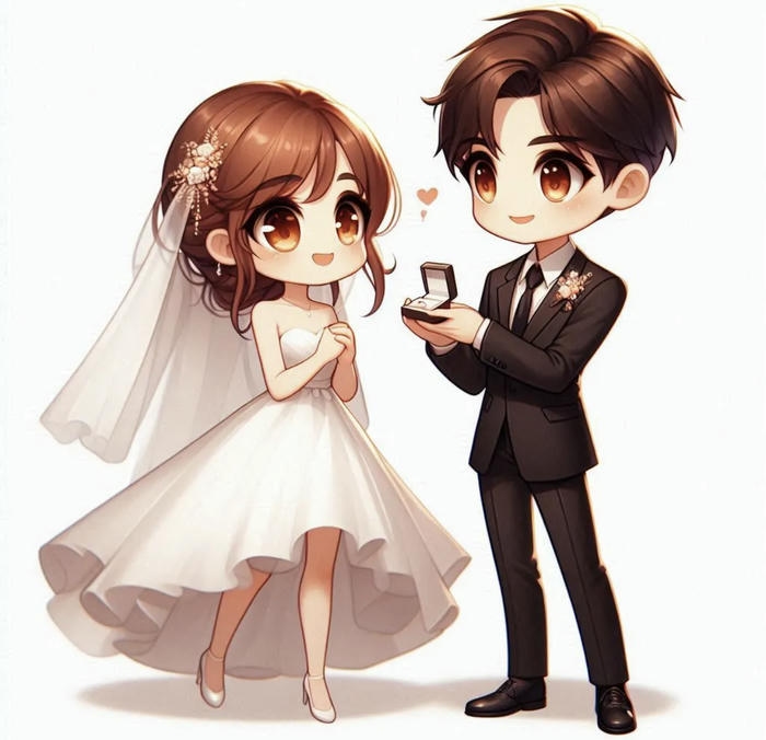 hình chibi chú rể cô dâu đang trao nhẫn