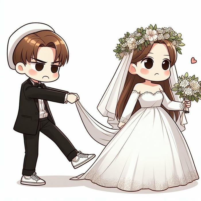 hình chibi cô dâu chú rể bước vào lễ đường