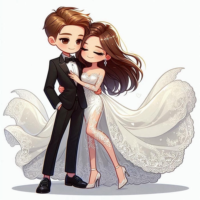 hình chibi cô dâu chú rể ôm nhau